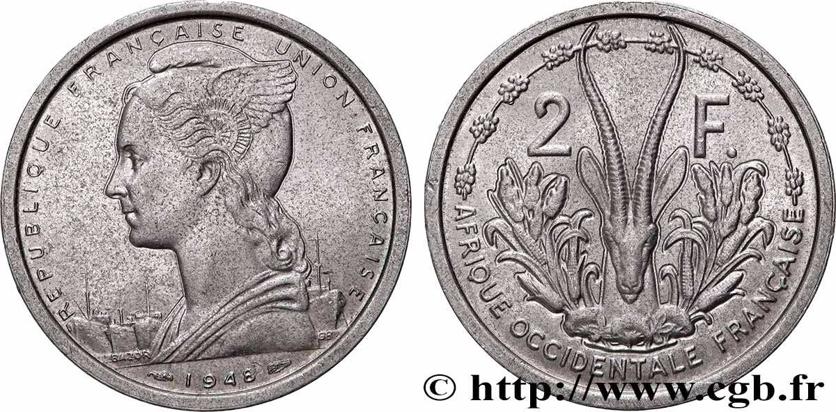FRANZÖSISCHE WESTAFRIKA - FRANZÖSISCHE UNION 2 Francs 1948 Paris VZ