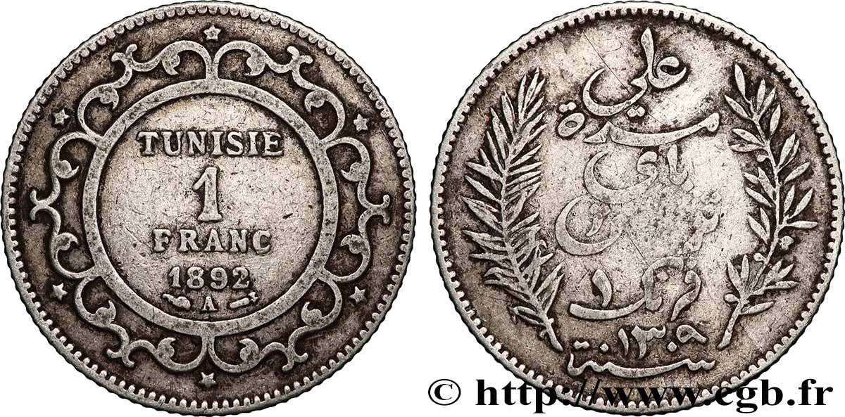 TUNESIEN - Französische Protektorate 1 Franc AH1309 1892 Paris fSS