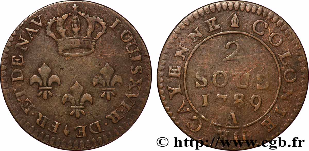 FRENCH GUYANA 2 Sous colonie de Cayenne 2e type 1789 Paris - A XF