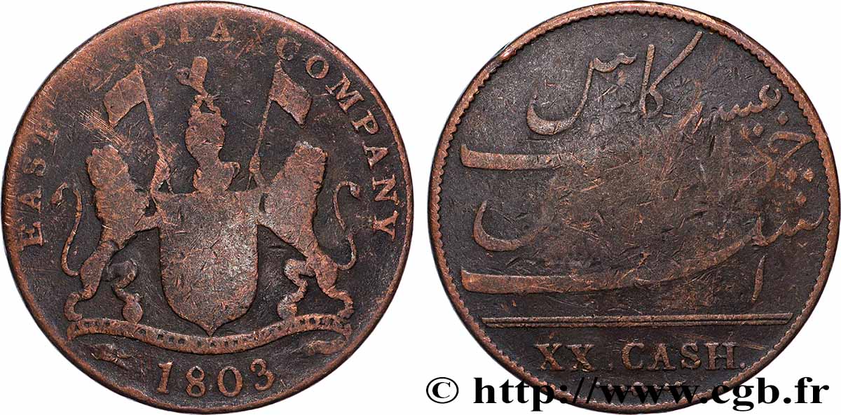 ILE DE FRANCE (MAURITIUS) XX (20) Cash East India Company 1803 Madras VF