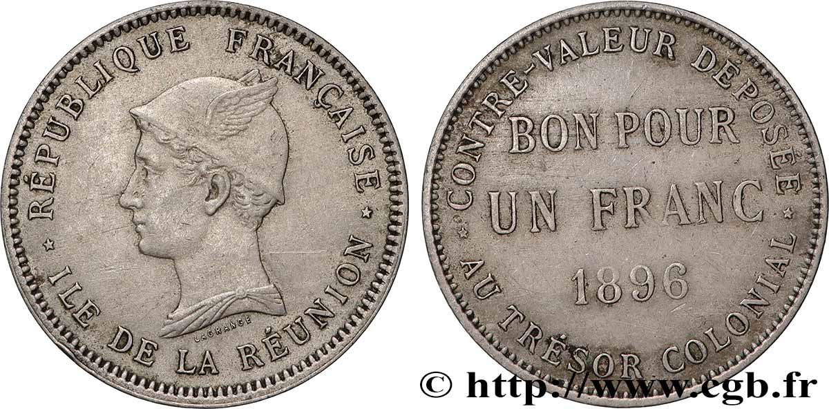 REUNION - Third Republic Bon pour 1 Franc 1896 Paris XF