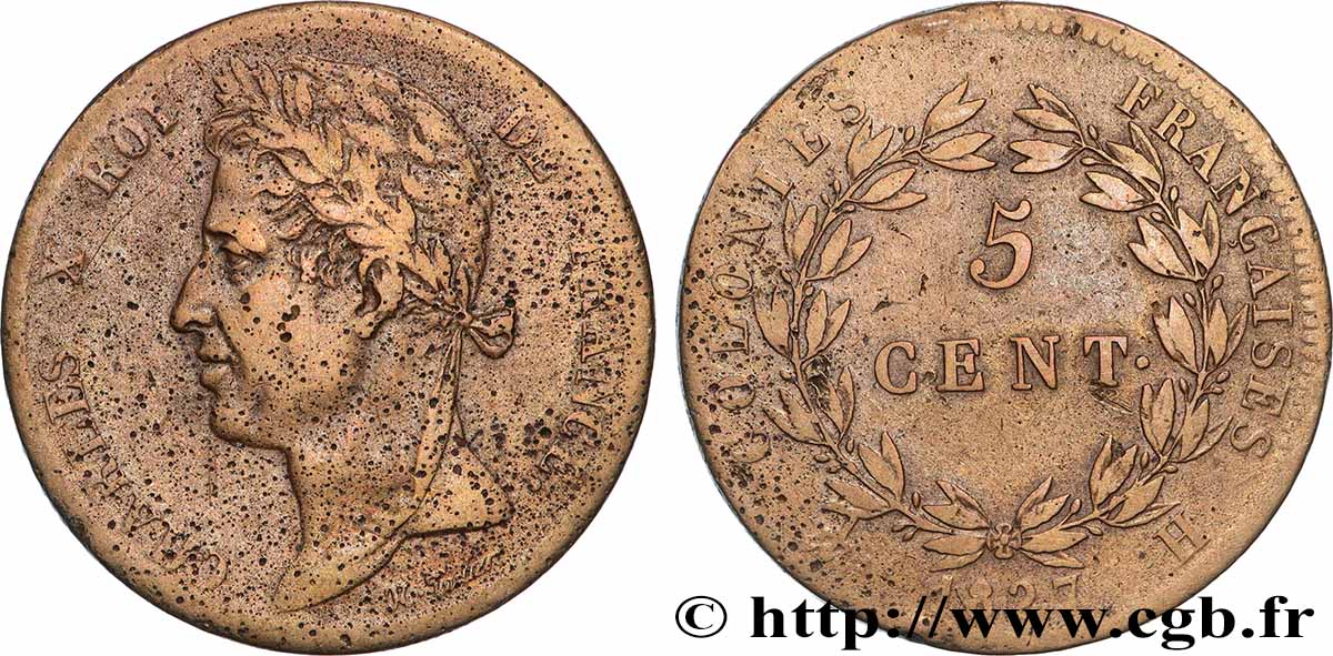 COLONIES FRANÇAISES - Charles X, pour la Martinique et la Guadeloupe 5 Centimes Charles X 1827 La Rochelle - A TB