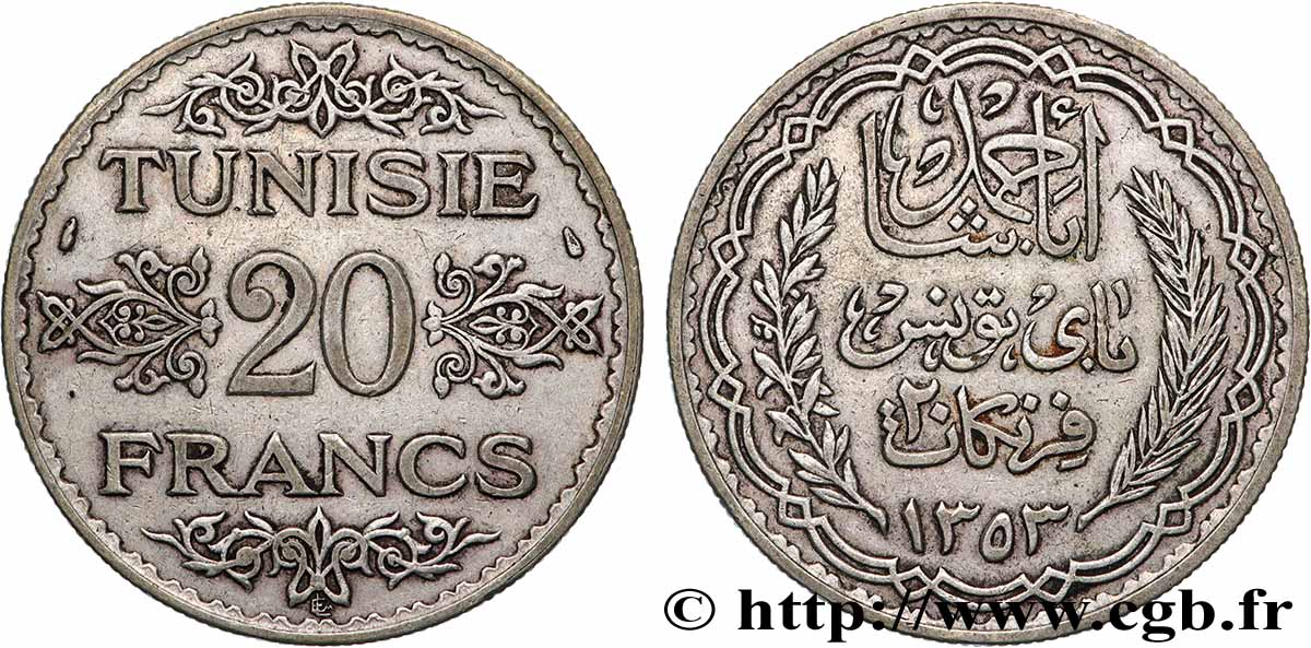 TUNISIA - Protettorato Francese 20 Francs au nom du Bey Ahmed an 1353 1934 Paris BB