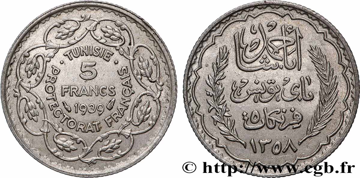 TUNESIEN - Französische Protektorate 5 Francs AH 1358 1939 Paris fVZ