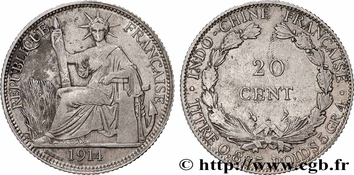 FRENCH INDOCHINA 20 Centièmes 1914 Paris VF