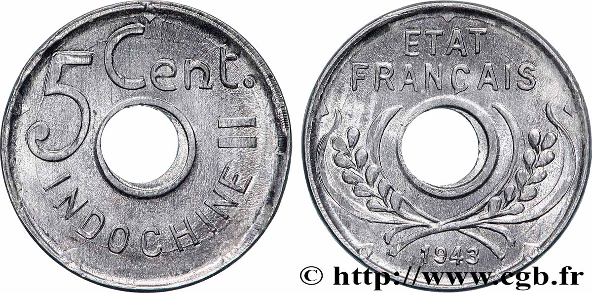 INDOCHINE FRANÇAISE 5 Centièmes 1943 Hanoï SUP