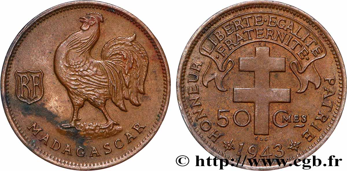 MADAGASKAR - Freie Französische Streitkräfte 50 Centimes 1943 Prétoria VZ