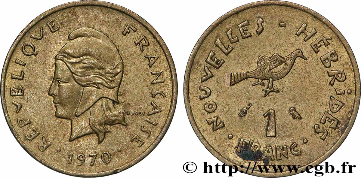 NEW HEBRIDES (VANUATU since 1980) 1 Franc Marianne / oiseau 1970 Paris XF