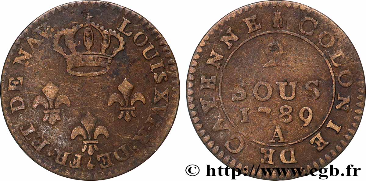 GUYANA FRANCESA 2 Sous colonie de Cayenne 2e type 1789 Paris - A BC