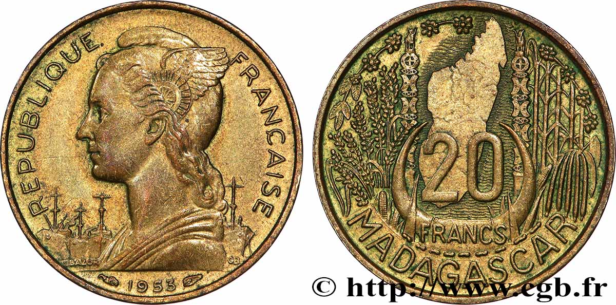 MADAGASCAR - UNIóN FRANCESA 20 Francs 1953 Paris MBC