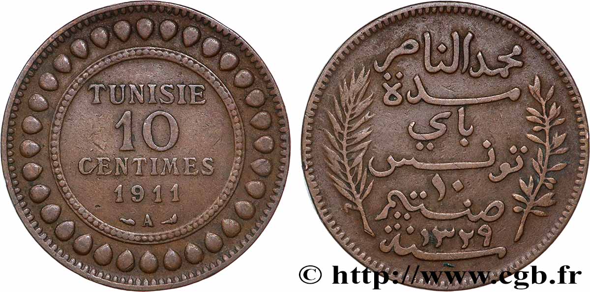 TUNESIEN - Französische Protektorate 10 Centimes AH1329 1911 Paris SS
