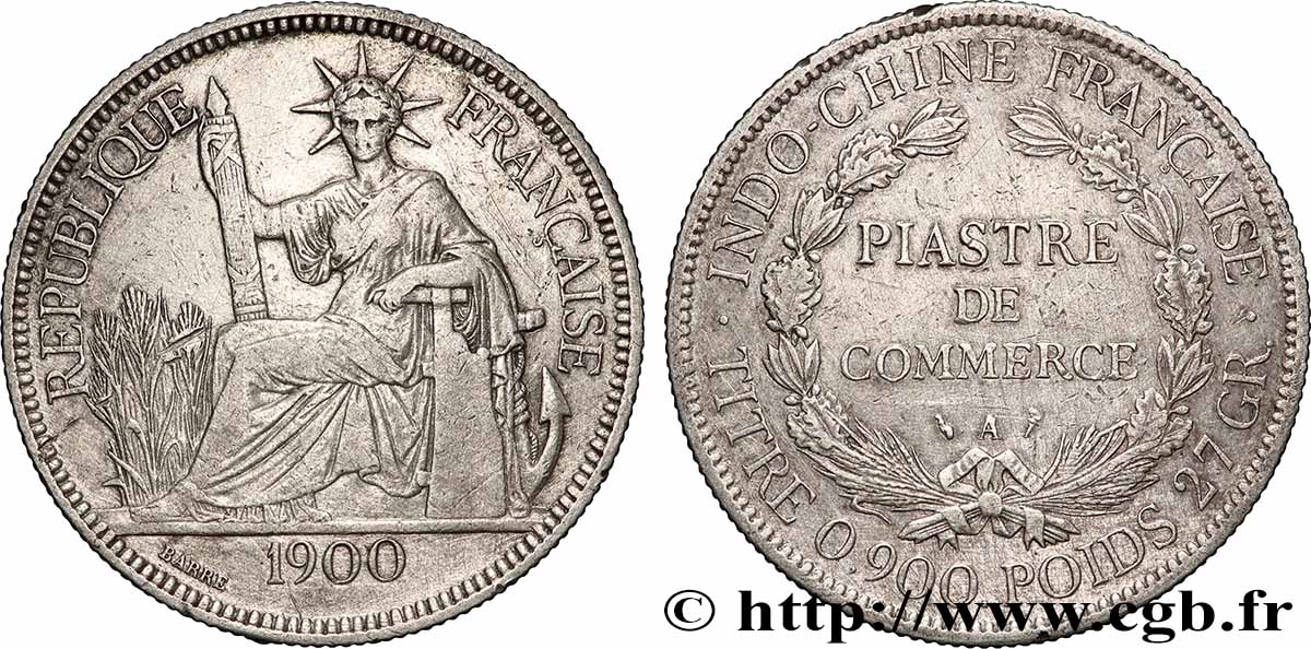 FRENCH INDOCHINA 1 Piastre de Commerce 1900 Paris XF