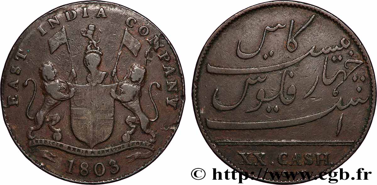 ILE DE FRANCE (MAURITIUS) XX (20) Cash East India Company 1803 Madras VF