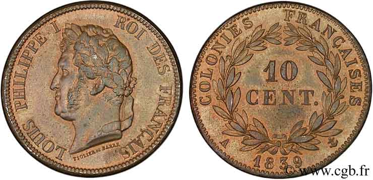 COLONIES FRANÇAISES - Louis-Philippe pour la Guadeloupe 10 centimes 1839 Paris SPL 