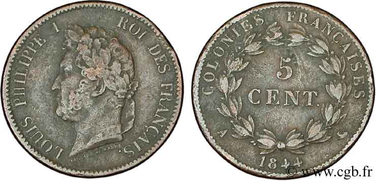 COLONIES FRANÇAISES - Louis-Philippe, pour les Îles Marquises 5 centimes 1844 Paris B+ 