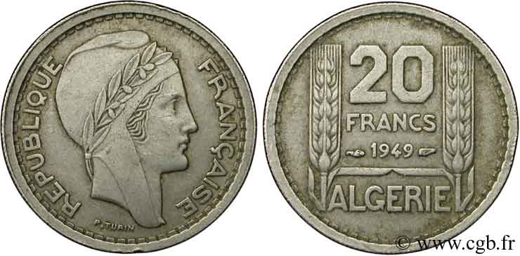 ALGERIA 20 Francs Turin 1949  XF 