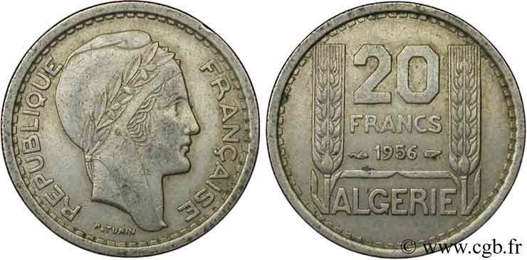 ALGERIA 20 Francs Turin 1956  XF 