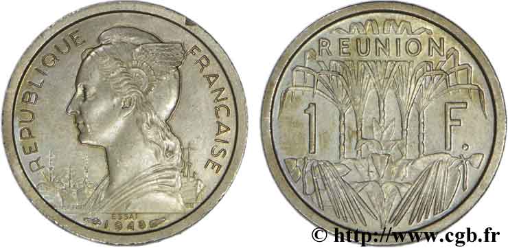 ÎLE DE LA RÉUNION - UNION FRANCAISE 1 Franc Essai buste de la République 1948 Paris SPL 