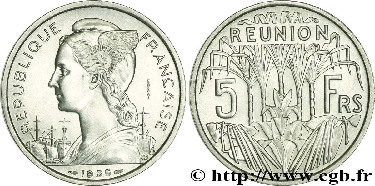 ÎLE DE LA RÉUNION 5 Francs Essai 1955 Paris SPL 
