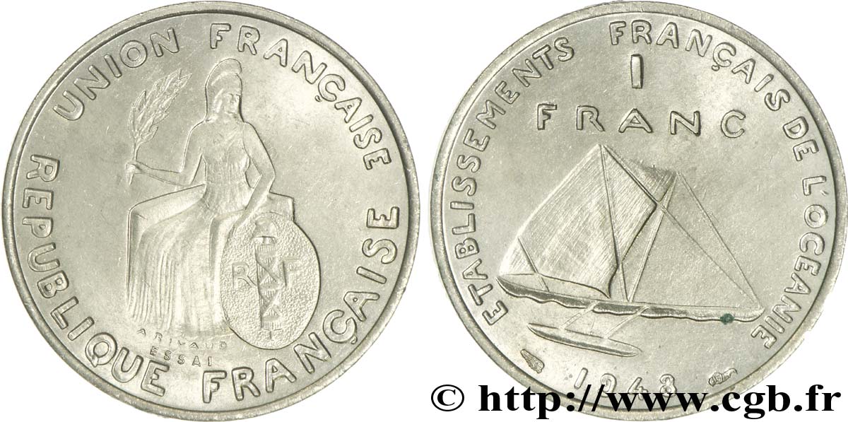 POLYNÉSIE FRANÇAISE - Océanie française 1 Franc ESSAI type avec listel en relief 1948 Paris SPL 