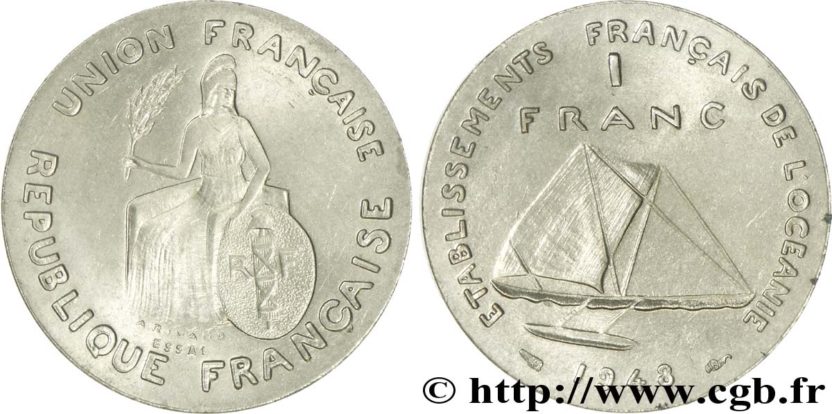 POLYNÉSIE FRANÇAISE - Océanie française 1 Franc ESSAI type sans listel 1948 Paris SPL 