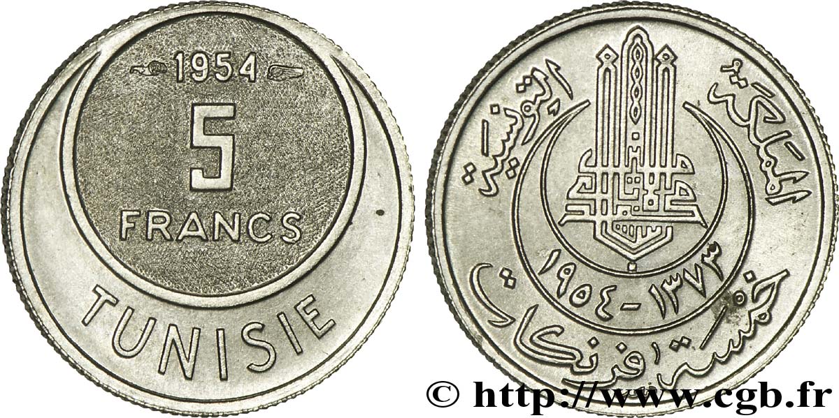 TUNISIE - PROTECTORAT FRANÇAIS 5 Francs AH1373 1954 Paris SPL 