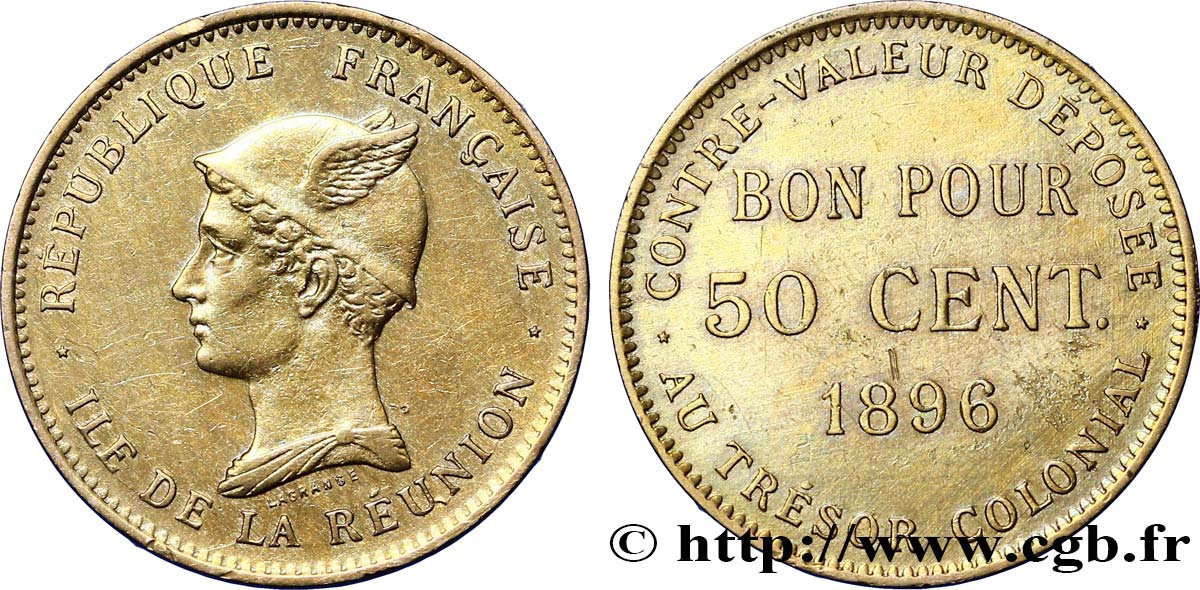 ÎLE DE LA RÉUNION - Troisième République 50 Centimes 1896 sans atelier TTB 