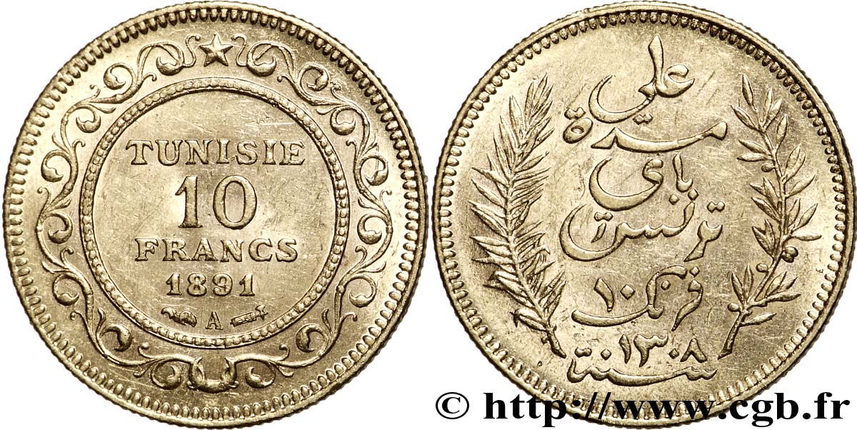 TUNISIE - PROTECTORAT FRANÇAIS 10 Francs or Bey Ali AH1308 1891 Paris SUP 