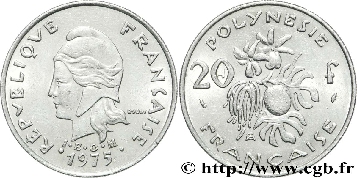 POLINESIA FRANCESA 20 Francs I.E.O.M Marianne  1975 Paris MBC+ 
