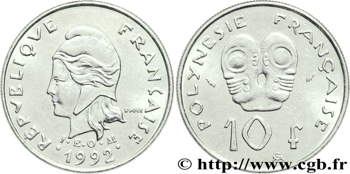 FRENCH POLYNESIA 10 Francs I.E.O.M Marianne 1992 Paris AU 