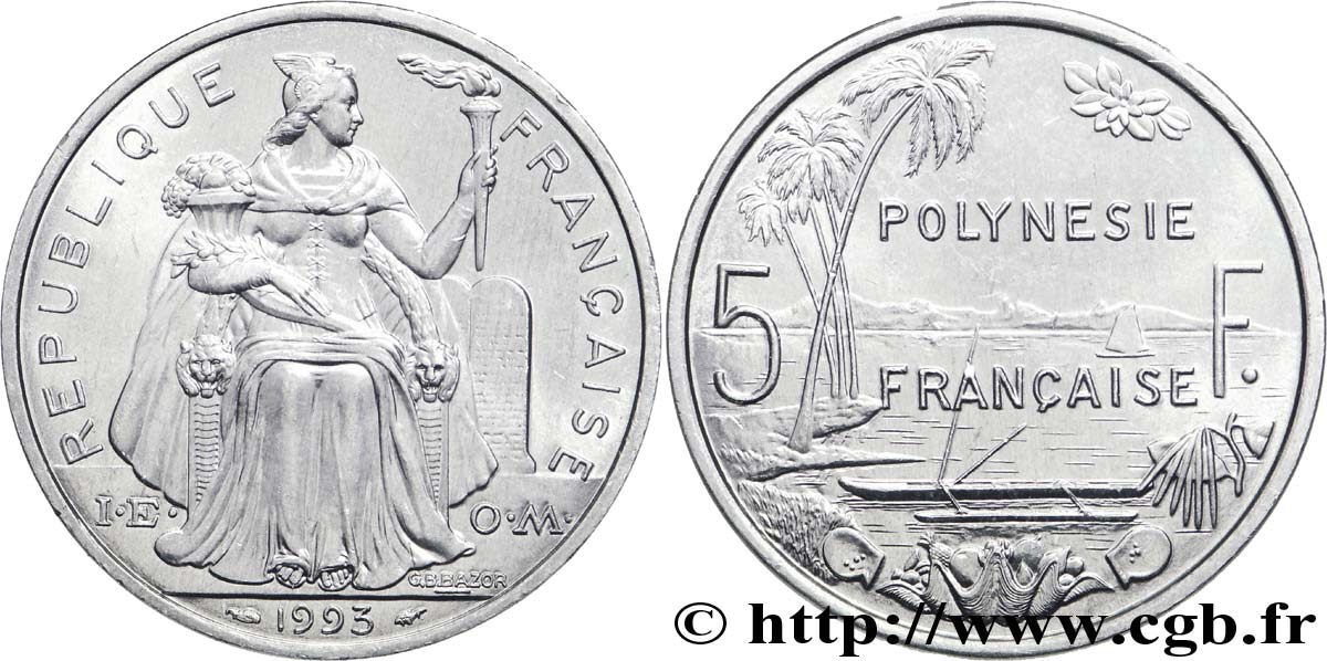 POLYNÉSIE FRANÇAISE 5 Francs I.E.O.M. Polynésie Française 1993 Paris SUP 
