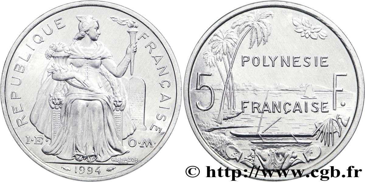 POLYNÉSIE FRANÇAISE 5 Francs I.E.O.M. Polynésie Française 1994 Paris SUP 