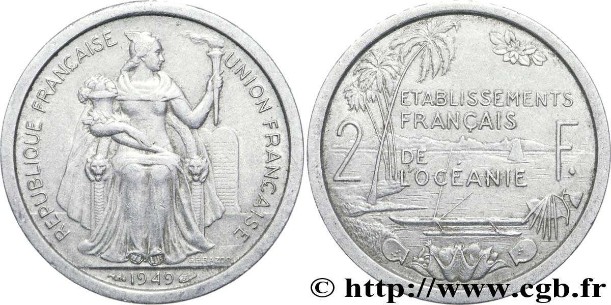 FRENCH POLYNESIA - French Oceania 2 Francs Union Française 1949 Paris XF 
