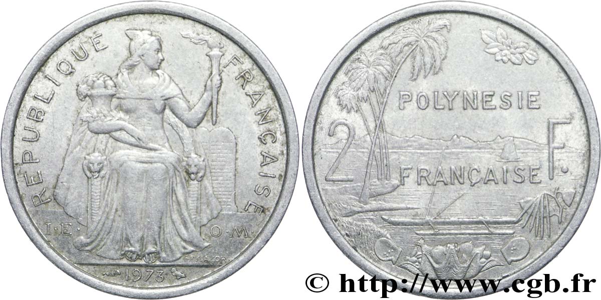 POLYNÉSIE FRANÇAISE 2 Francs I.E.O.M. Polynésie Française 1973 Paris TB 