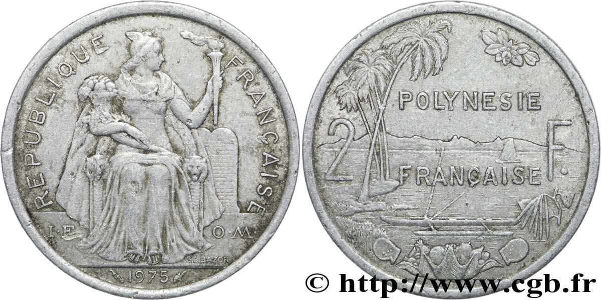 POLYNÉSIE FRANÇAISE 2 Francs I.E.O.M. Polynésie Française 1975 Paris TB 