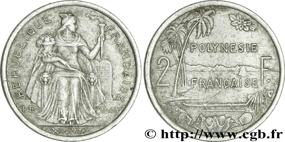 POLYNÉSIE FRANÇAISE 2 Francs I.E.O.M. Polynésie Française 1977 Paris TB 