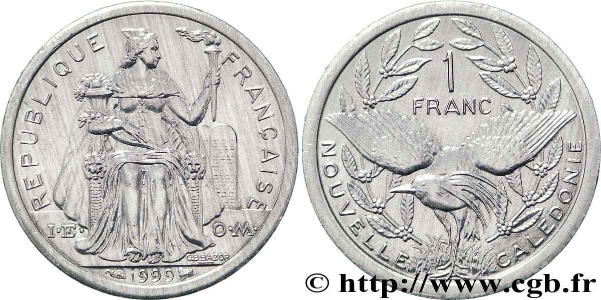 NEW CALEDONIA 1 Franc I.E.O.M. représentation allégorique de Minerve / Kagu, oiseau de Nouvelle-Calédonie 1999 Paris MS 