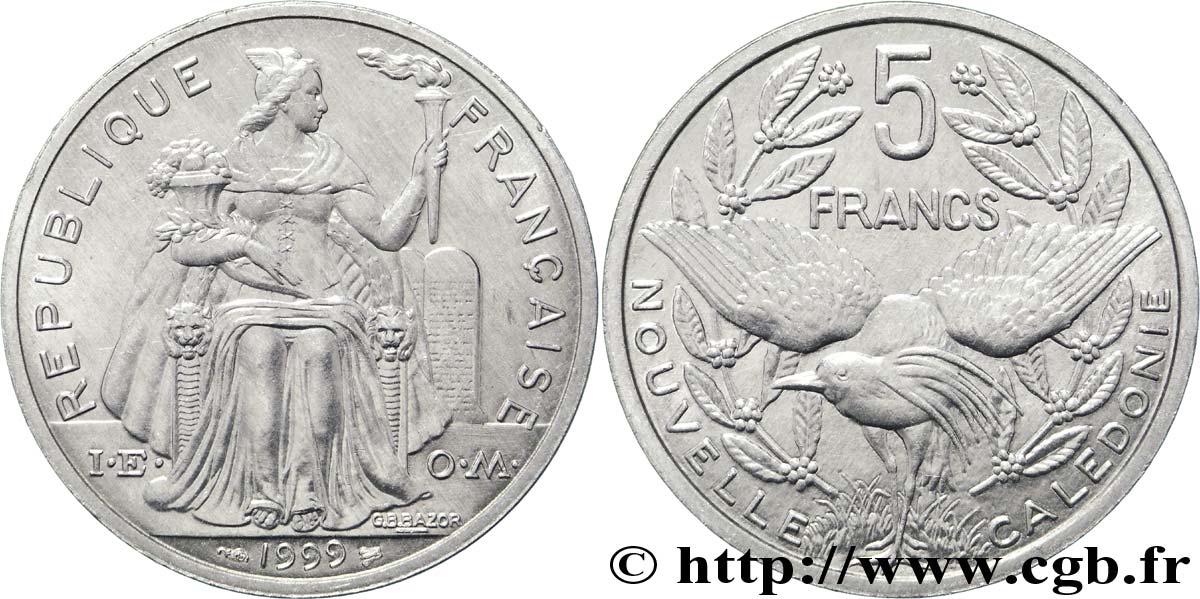 NUEVA CALEDONIA 5 Francs I.E.O.M. représentation allégorique de Minerve / Kagu, oiseau de Nouvelle-Calédonie 1999 Paris SC 