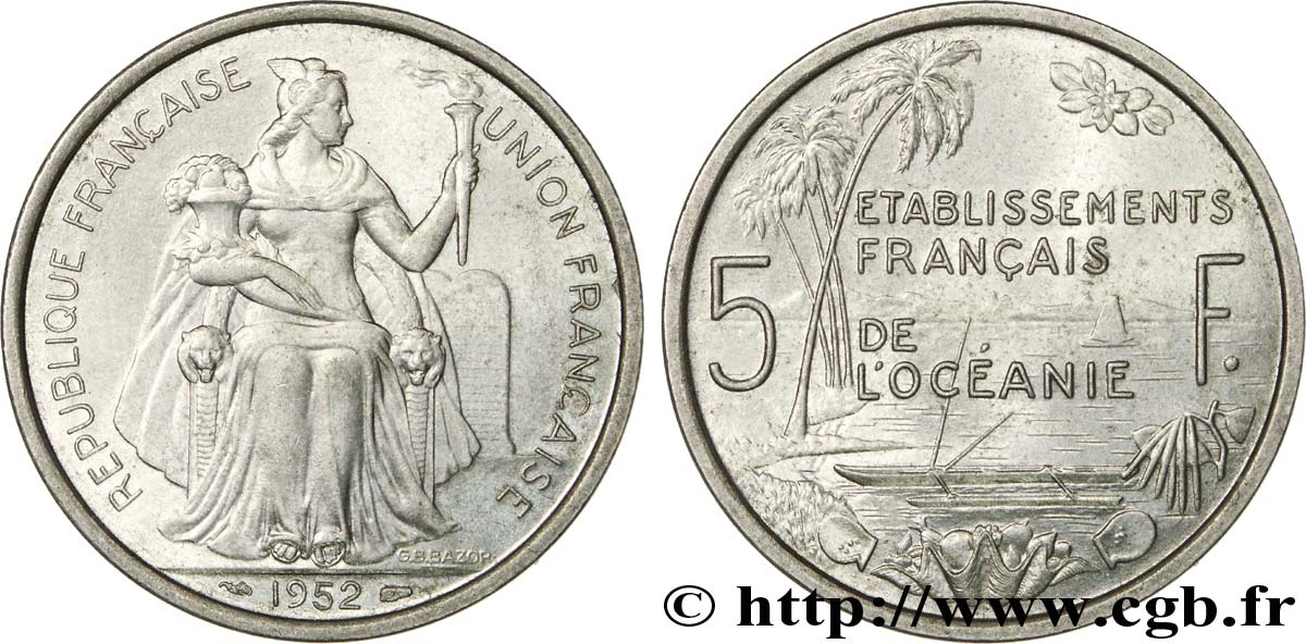 FRENCH POLYNESIA - Oceania Francesa 5 Francs Établissements Français de l’Océanie 1952 Paris EBC 
