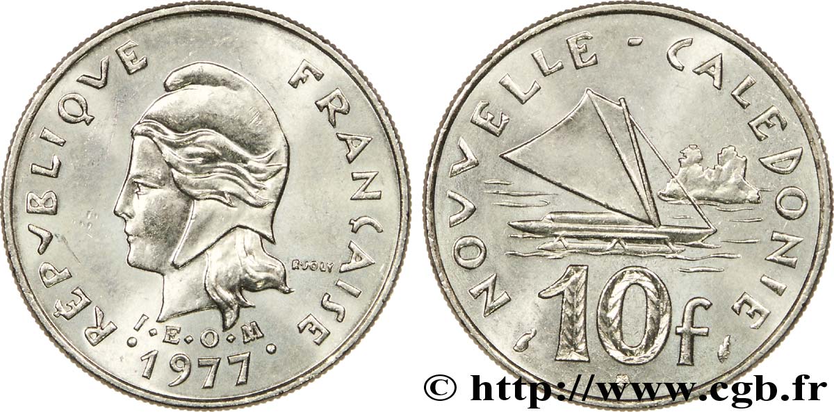 NUEVA CALEDONIA 10 Francs I.E.O.M. Marianne / voilier 1977 Paris EBC 