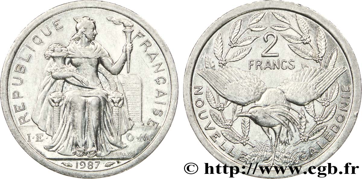 NOUVELLE CALÉDONIE 2 Francs I.E.O.M. représentation allégorique de Minerve / Kagu, oiseau de Nouvelle-Calédonie 1987 Paris SUP 
