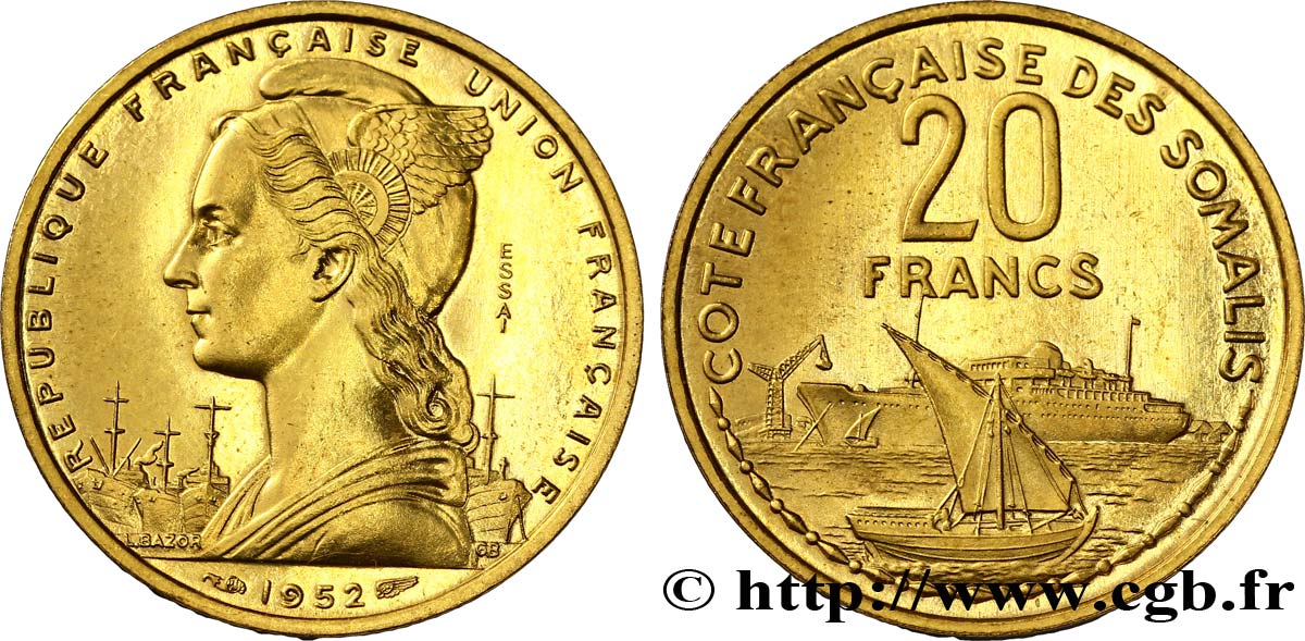 CÔTE FRANÇAISE DES SOMALIS Essai de 20 Francs 1952 Paris SUP 