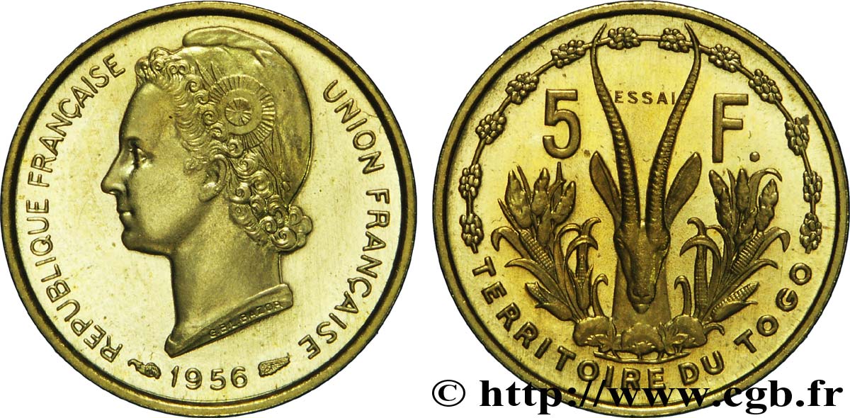 TOGO - UNION FRANÇAISE 5 Francs ESSAI 1956 Paris SUP 