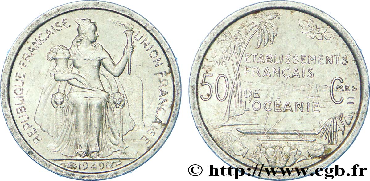 POLINESIA FRANCESE - Oceania Francese 50 Centimes Établissements Français de l’Océanie 1949 Paris SPL 