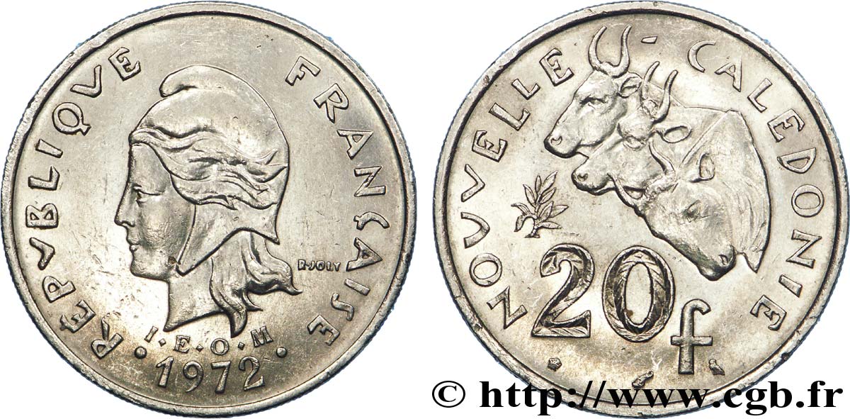 NEUKALEDONIEN 20 Francs I.E.O.M. Marianne / zébus d’élevage de Nouvelle Calédonie  1972 Paris VZ 