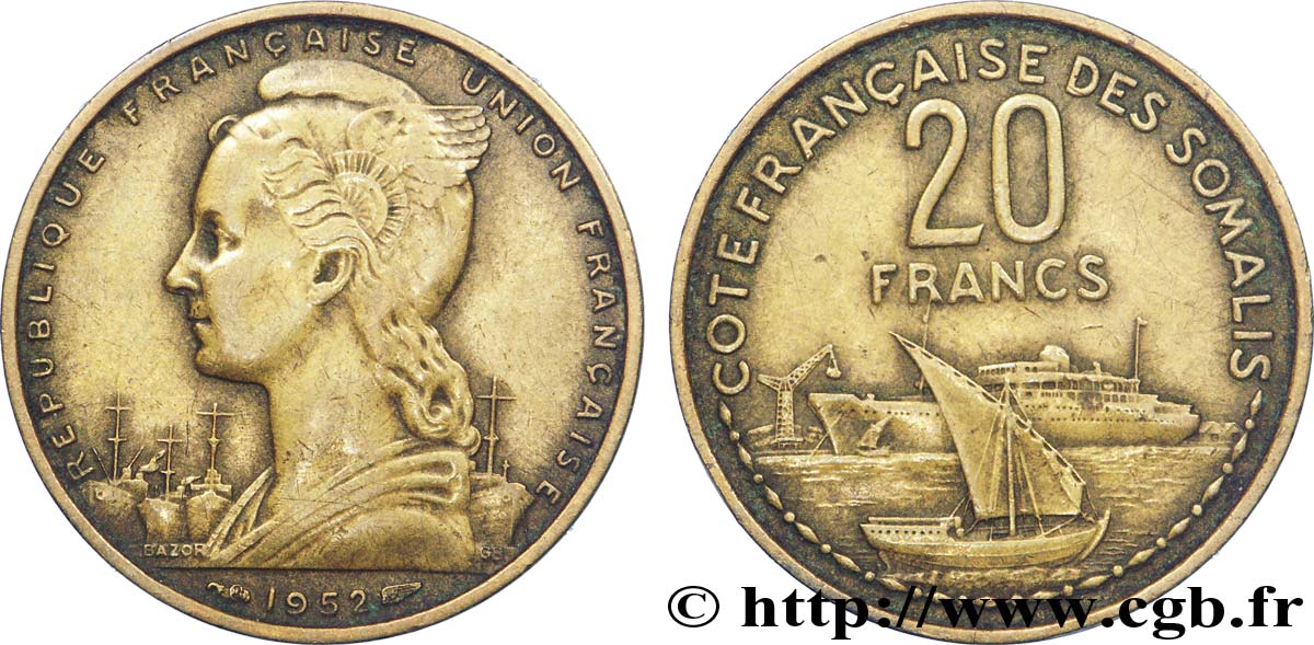CÔTE FRANÇAISE DES SOMALIS 20 Francs 1952 Paris TTB 