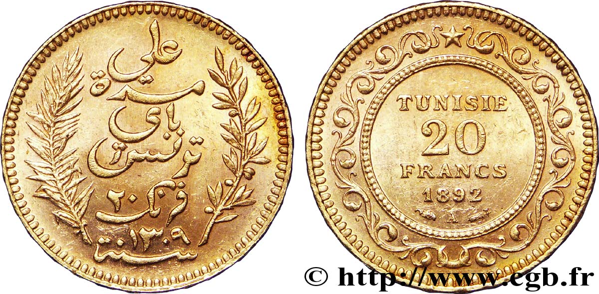 TUNISIE - PROTECTORAT FRANÇAIS 20 Francs or Bey Ali AH 1309 1892 Paris SUP 
