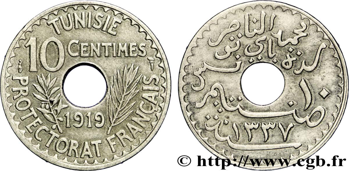 TUNISIA - FRENCH PROTECTORATE 10 Centimes AH 1337 1919 Paris AU 