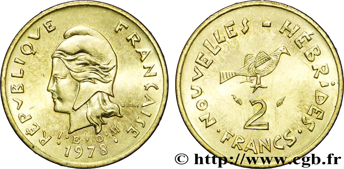 NOUVELLES HÉBRIDES (VANUATU depuis 1980) 2 Francs I. E. O. M. Marianne / oiseau 1978 Paris SPL 