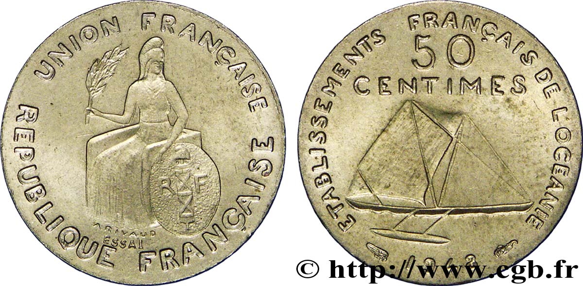 POLYNÉSIE FRANÇAISE - Océanie française Essai de 50 centimes variété sans listel 1948 Paris SUP 